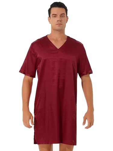 Miutii Herren Satin Nachthemd Kurz Schlafanzug V-Ausschnitt Schlafhemd Schlafkleid Sommer Nachtwäsche Hausanzug Burgundy XXL von Miutii