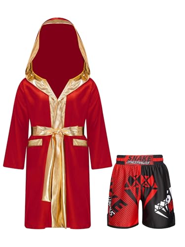 Miutii Jungen Bademantel Kapuze Morgenmantel mit Gürtel Boxing Shorts Kickboxer Robe Satin Boxer Mantel Boxkampf Umhang Cape Rot&Patchwork 170-176 von Miutii