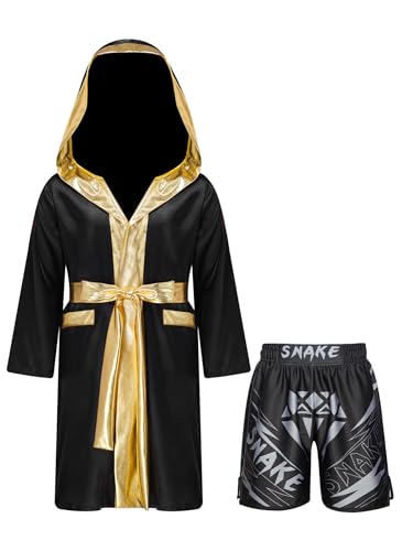 Miutii Jungen Bademantel Kapuze Morgenmantel mit Gürtel Boxing Shorts Kickboxer Robe Satin Boxer Mantel Boxkampf Umhang Cape Schwarz Gold&Schwarz 122-128 von Miutii