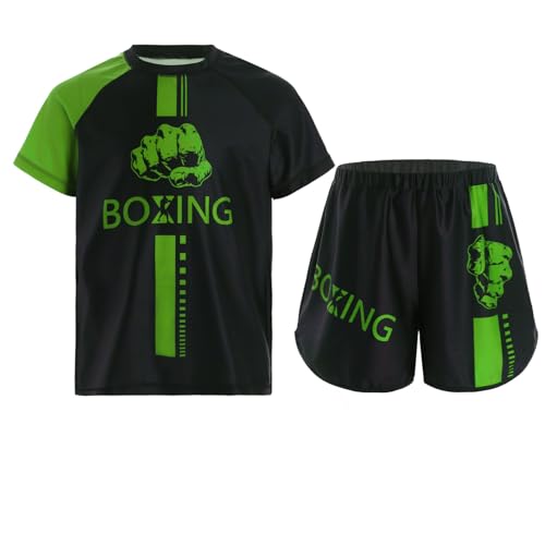 Miutii Jungen Muay Thai Short Kickboxen Kurze Hose + T-Shirt Kinder Boxing Kleidung Kampfsport MMA Thai Trainingsanzug A Grün 158-164 von Miutii