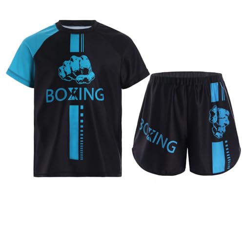 Miutii Jungen Muay Thai Short Kickboxen Kurze Hose + T-Shirt Kinder Boxing Kleidung Kampfsport MMA Thai Trainingsanzug A Hellblau 110-116 von Miutii