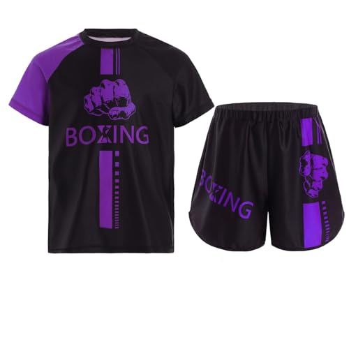 Miutii Jungen Muay Thai Short Kickboxen Kurze Hose + T-Shirt Kinder Boxing Kleidung Kampfsport MMA Thai Trainingsanzug A Lila 146-152 von Miutii