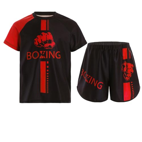 Miutii Jungen Muay Thai Short Kickboxen Kurze Hose + T-Shirt Kinder Boxing Kleidung Kampfsport MMA Thai Trainingsanzug A Rot 146-152 von Miutii