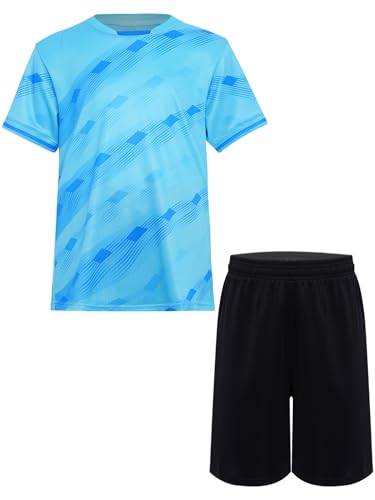 Miutii Jungen Sport Set Fußball Shirt Schnelltrockend Kurzarm T-Shirt + Shorts Trainingsanzug Sportanzug Fußball Trikot Basketball Kleidung B Hellblau 122-128 von Miutii
