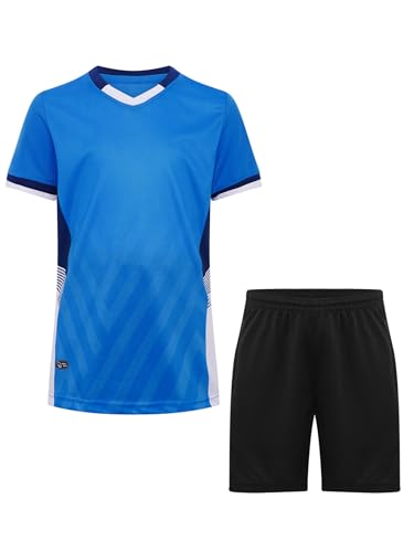 Miutii Jungen Sport Set Trainingsanzug Kurzarm T-Shirt + Shorts Sportanzug Fußball Uniform Trikot Basketball Kleidung B Blau 164-170 von Miutii