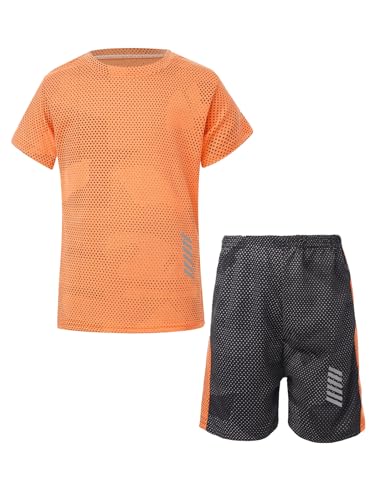Miutii Jungen Sport Set Trainingsanzug Kurzarm T-Shirt + Shorts Sportanzug Fußball Uniform Trikot Basketball Kleidung A Orange 134-140 von Miutii
