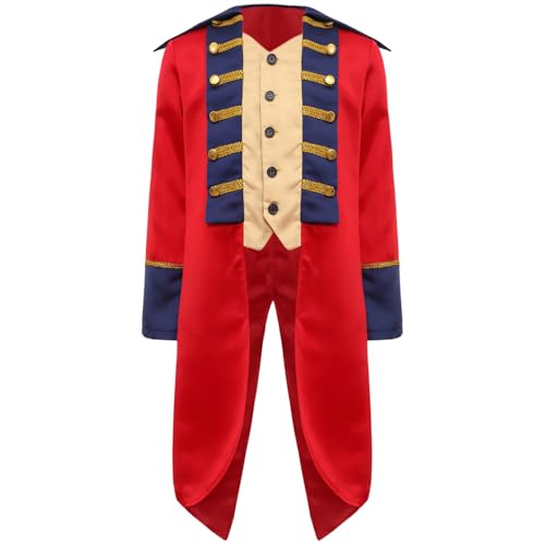 Miutii Jungen Zirkus Jacke Gothic Frack Jacke Mantel Blazer Zirkusdirektor Uniform Halloween Weihnachten Karneval Fasching Show Tanzkostüm Rot 146-152 von Miutii