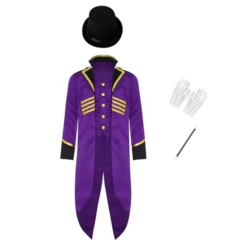 Miutii Jungen Zirkus Jacke Gothic Frack Jacke Mantel Blazer mit Zubehör Set Kinder Zauberer Kostüm Zirkusdirektor Uniform Show Tanzkostüm Lila 170-176 von Miutii