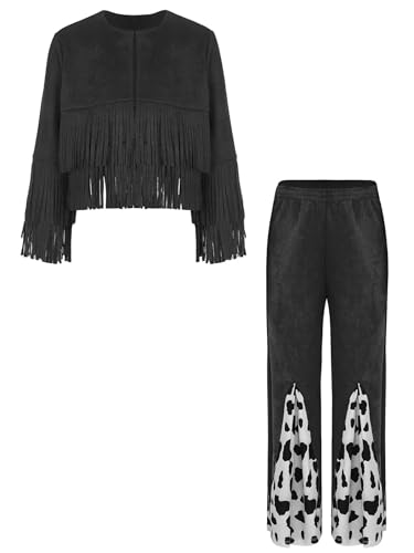 Miutii Kinder Cowboy Cowgirl Set Jungen Mädchen Fransenjacke Mantel mit Schlaghose Wildwest Outfit Halloween Fasching Karneval Cowboy Kleidung Schwarz 170-176 von Miutii