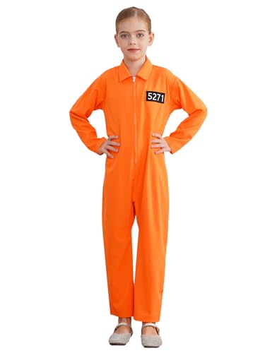 Miutii Kinder Gefangener Kostüm Jungen Mädchen Häftling Gefängnis Overall Jumpsuit Orange Halloween Karneval Fasching Insasse Outfit Orange 110-116 von Miutii