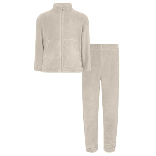 Miutii Kinder Jungen Mädchen Flauschiger Schlafanzug Fleece Jacke + Hose Zweiteiler Pyjama Set Winter Warme Fleece Nachtwäsche Beige 158-164 von Miutii