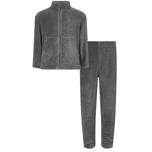 Miutii Kinder Jungen Mädchen Flauschiger Schlafanzug Fleece Jacke + Hose Zweiteiler Pyjama Set Winter Warme Fleece Nachtwäsche Dunkel Grau 170-176 von Miutii