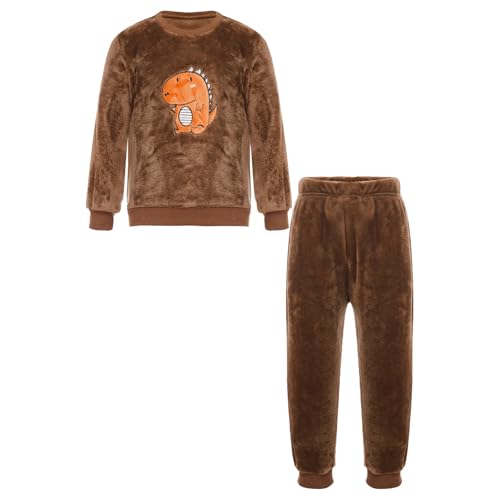 Miutii Kinder Jungen Mädchen Fleece Schlafanzug Zweiteiler Cartoon Muster Kuschelig Pullover + Hose Flauschiger Pyjama Set Warme Winter Nachtwäsche Braun Dinosaurier 86-92 von Miutii
