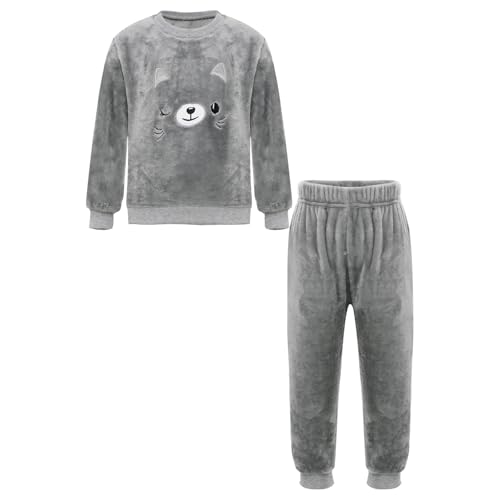 Miutii Kinder Jungen Mädchen Fleece Schlafanzug Zweiteiler Cartoon Muster Kuschelig Pullover + Hose Flauschiger Pyjama Set Warme Winter Nachtwäsche Grau Katze 122-128 von Miutii