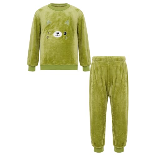 Miutii Kinder Jungen Mädchen Fleece Schlafanzug Zweiteiler Cartoon Muster Kuschelig Pullover + Hose Flauschiger Pyjama Set Warme Winter Nachtwäsche Grün Katze 122-128 von Miutii