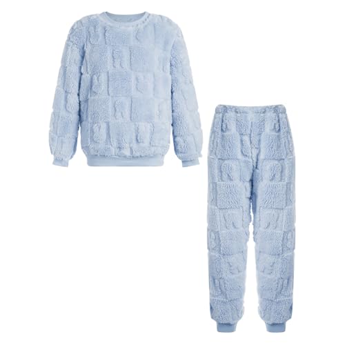 Miutii Kinder Jungen Mädchen Fleece Schlafanzug Zweiteiler Kuschelig Pullover + Hose Warme Winter Nachtwäsche Flauschiger Pyjama Set Blau 158-164 von Miutii