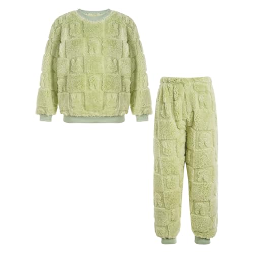 Miutii Kinder Jungen Mädchen Fleece Schlafanzug Zweiteiler Kuschelig Pullover + Hose Warme Winter Nachtwäsche Flauschiger Pyjama Set Grün 146-152 von Miutii