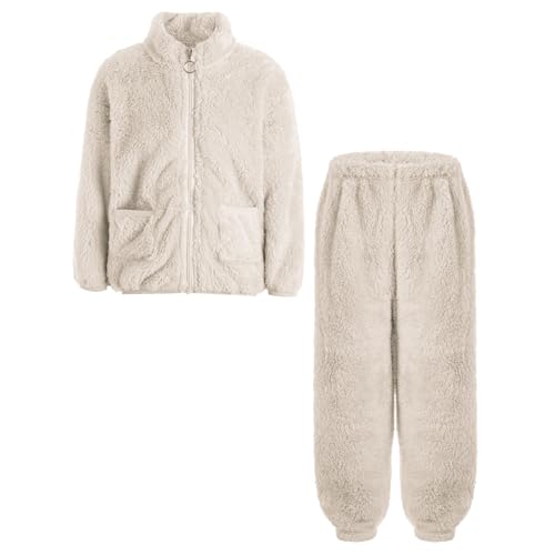 Miutii Kinder Jungen Mädchen Fleece Schlafanzug Zweiteiler Kuschelig Sweatjacke Pullover + Hose Flauschiger Pyjama Set Warme Winter Nachtwäsche Beige 146-152 von Miutii