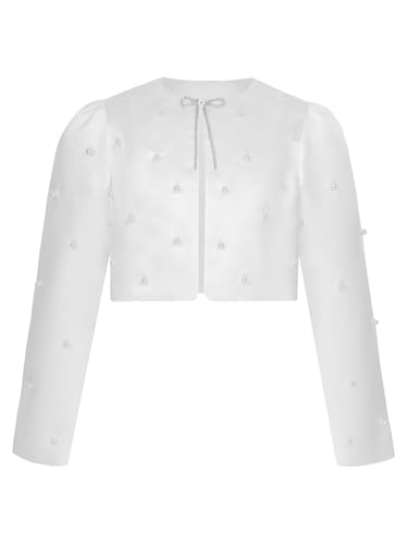 Miutii Kinder Mädchen Bolero Festlich Satin Langarm Schulterjacke Bolerojäckche Cardigan Tops zum Kommunionkleid Taufkleid Partykleid B Elfenbein 134-140 von Miutii