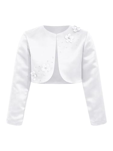 Miutii Kinder Mädchen Bolero Festlich Satin Langarm Schulterjacke Bolerojäckche Cardigan Tops zum Kommunionkleid Taufkleid Partykleid A Weiß 158-164 von Miutii