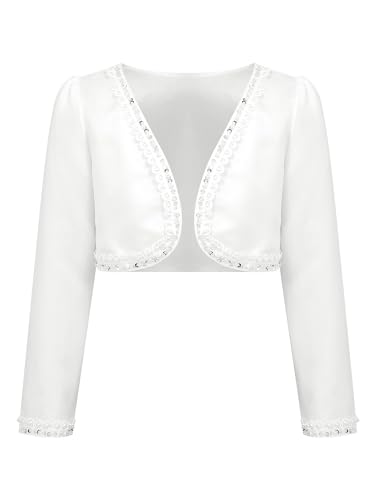 Miutii Kinder Mädchen Bolero Festlich Satin Schulterjacke Langarm Bolerojacke mit Perlen Pailletten Cardigan Tops zum Kommunionkleid Taufkleid Partykleid Elfenbein 122-128 von Miutii
