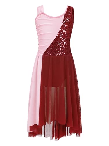 Miutii Kinder Mädchen Lyrisch Tanzkleid Glitzer Ballettkleid Pailletten Ballettanzug mit Rock Ballerina Kleid Modern Contemporary Tanzkleidung Weinrot 146-152 von Miutii
