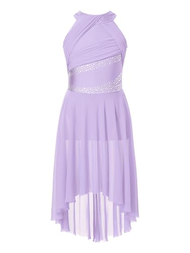 Miutii Kinder Mädchen Lyrisch Tanzkleid Glitzer Eiskunstlauf Kleid mit Asymmetrisch Rock Contemporary Modern Dance Ballerina Latein Tanzkleid Lavendel 146-152 von Miutii