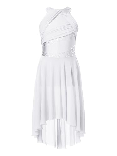 Miutii Kinder Mädchen Lyrisch Tanzkleid Glitzer Eiskunstlauf Kleid mit Asymmetrisch Rock Contemporary Modern Dance Ballerina Latein Tanzkleid Weiß 146-152 von Miutii