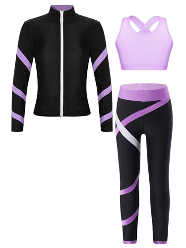Miutii Kinder Mädchen Trainingsanzug Sport Set Sweatjacke + Sport BH Tops + Leggings Hose Yoga Gym Eislaufen Jogginganzug Sportanzug Lavendel 146-152 von Miutii
