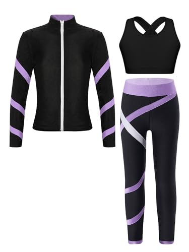 Miutii Kinder Mädchen Trainingsanzug Sport Set Sweatjacke + Sport BH Tops + Leggings Hose Yoga Gym Eislaufen Jogginganzug Sportanzug Schwarz&Lavendel 134-140 von Miutii