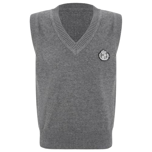 Miutii Kinder Pullunder V-Ausschnitt Strickweste Ärmellos Gestrickte Weste Baumwolle Strickpullover Schuluniform Für Jungen Mädchen Grau 158-164 von Miutii