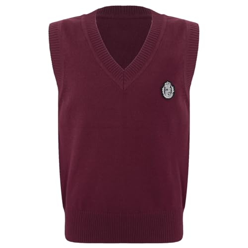Miutii Kinder Pullunder V-Ausschnitt Strickweste Ärmellos Gestrickte Weste Baumwolle Strickpullover Schuluniform Für Jungen Mädchen Weinrot 134-140 von Miutii