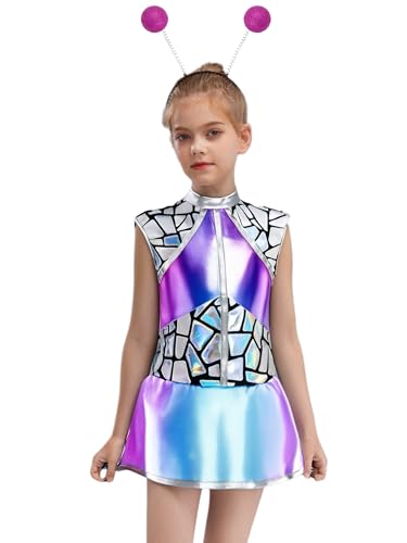 Miutii Mädchen Alien Kleid Außerirdischer Space Girl Kleid Metallic Faltenkleid mit Haarreif Weltall Astronaut Kleider Karneval Fasching Show Tanzkleid B Blau Rosa 158-164 von Miutii