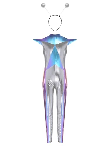 Miutii Mädchen Alien Kostüm Metallic Jumpsuit Overall mit Haarreif Space Girl Outfits Weltall Astronauten Tanzanzug Halloween Karneval Fasching Silber 158-164 von Miutii