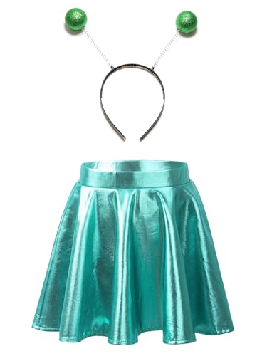 Miutii Mädchen Alien Rock mit Haarreif Space Girl Outfit Metallic Rock Glänzend Minirock Faltenrock Tanzrock Festival Karneval Fasching Party Rock Minzgrün 134-140 von Miutii
