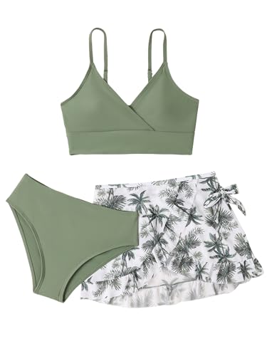 Miutii Mädchen Bikini Set 3tlg. Badeanzug mit Rock Bikini Oberteile Blumen Druck Bikini Bademode Sommer Schwimmanzug Badebekleidung Set A Grün 146-152 von Miutii