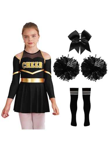 Miutii Mädchen Cheer Leader Cheerleading Kostüm Langarm Kleid mit Pompoms Socken Cheerleading Uniform Halloween Karneval Fasching Party Tanzkleid A Schwarz 122-128 von Miutii