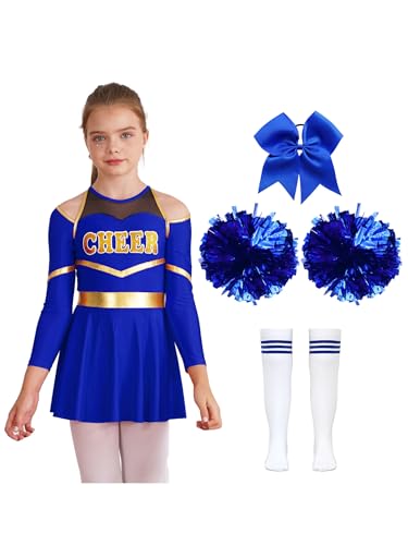 Miutii Mädchen Cheer Leader Cheerleading Kostüm Langarm Kleid mit Pompoms Socken Cheerleading Uniform Halloween Karneval Fasching Party Tanzkleid Aa Blau 134-140 von Miutii