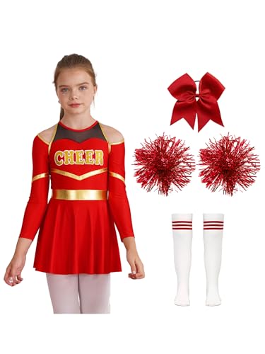 Miutii Mädchen Cheer Leader Cheerleading Kostüm Langarm Kleid mit Pompoms Socken Cheerleading Uniform Halloween Karneval Fasching Party Tanzkleid B Rot 146-152 von Miutii