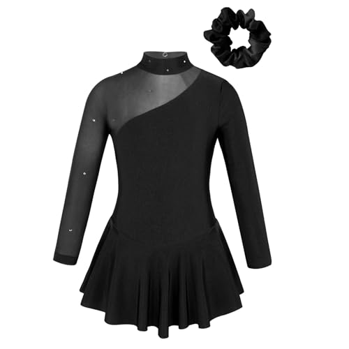 Miutii Mädchen Eiskunstlauf Kleid Glitzer Ballettkleid Eislaufkleid mit Haarband Langarm Ballettanzug Ballerina Latein Eislaufen Tanzkleid Schwarz 134-140 von Miutii