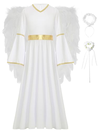 Miutii Mädchen Engel Kleid Engelskostüm mit Engelsflügel Heiligenschein Weihnachtsengel Kleid Maxikleid Halloween Karneval Fasching Partykleid B Weiß 134-140 von Miutii