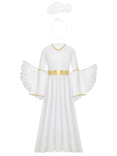 Miutii Mädchen Engel Kleid Engelskostüm mit Engelsflügel Heiligenschein Weihnachtsengel Kleid Maxikleid Halloween Karneval Fasching Partykleid A Weiß 110-116 von Miutii