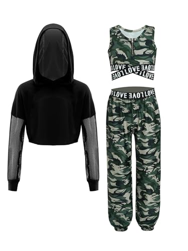 Miutii Mädchen Hip Hop Kleidung Set 3tlg. Langarmshirt + Sport BH Crop Tops + Cargohose Street Dance Outfit Trainingsanzug Sportanzug Camouflage Grün 158-164 von Miutii