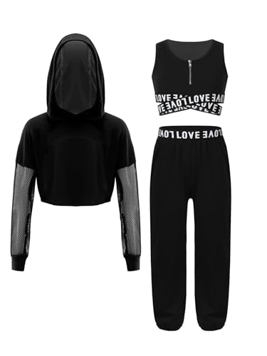 Miutii Mädchen Hip Hop Kleidung Set 3tlg. Langarmshirt + Sport BH Crop Tops + Cargohose Street Dance Outfit Trainingsanzug Sportanzug Schwarz 146-152 von Miutii