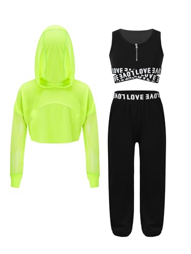 Miutii Mädchen Hip Hop Kleidung Set 3tlg. Langarmshirt + Sport BH Crop Tops + Cargohose Street Dance Outfit Trainingsanzug Sportanzug Schwarz&Fluoreszierendes Grün 134-140 von Miutii