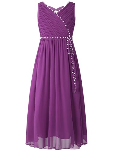 Miutii Mädchen Kleid Festlich Lang Prinzessin Kleid mit Perlen Gürtel Hochzeit Blumenmädchenkleid Festzug Partykleid Ballkleid Lila 170-176 von Miutii