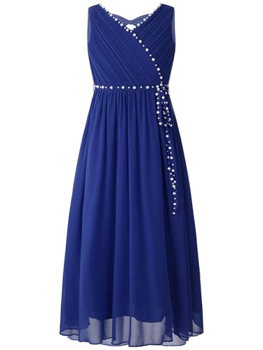 Miutii Mädchen Kleid Festlich Lang Prinzessin Kleid mit Perlen Gürtel Hochzeit Blumenmädchenkleid Festzug Partykleid Ballkleid Royal Blau 146-152 von Miutii