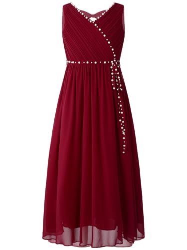 Miutii Mädchen Kleid Festlich Lang Prinzessin Kleid mit Perlen Gürtel Hochzeit Blumenmädchenkleid Festzug Partykleid Ballkleid Weinrot 158-164 von Miutii