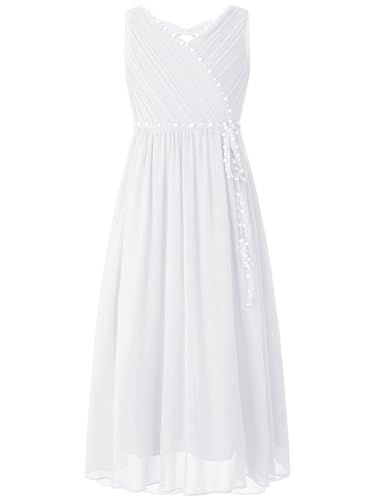 Miutii Mädchen Kleid Festlich Lang Prinzessin Kleid mit Perlen Gürtel Hochzeit Blumenmädchenkleid Festzug Partykleid Ballkleid Weiß 134-140 von Miutii