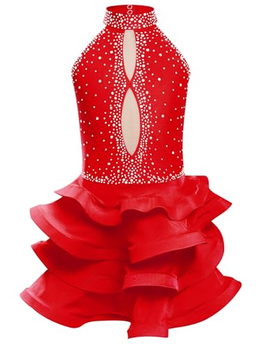 Miutii Mädchen Latein Tanzkleid Glitzer Ballettkleid mit Tutu Rock Ärmellos Eiskunstlauf Kleid Rollschuhkleid Ballerina Chacha Salsa Jazz Tanzkleidung Weinrot 122-128 von Miutii